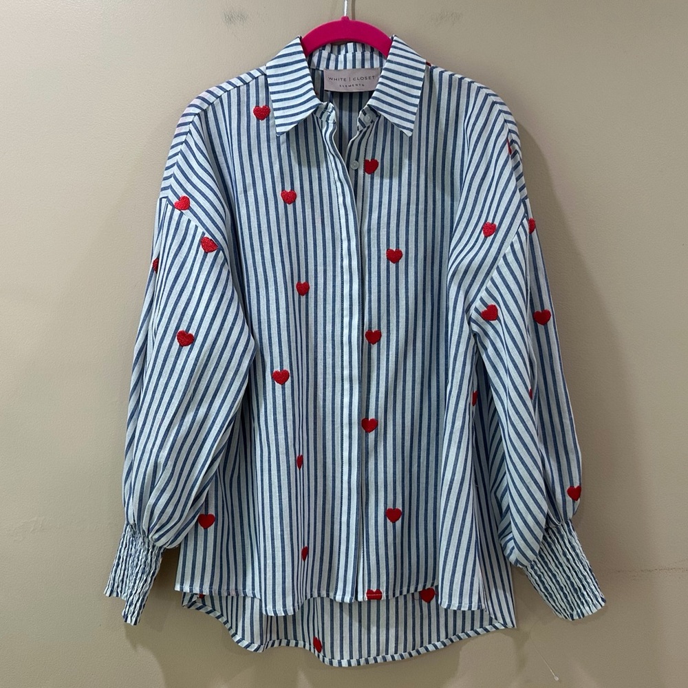 White Closet Elements Kaylee Heart Stripe Tunic Shirt Top Blue White Womens XS